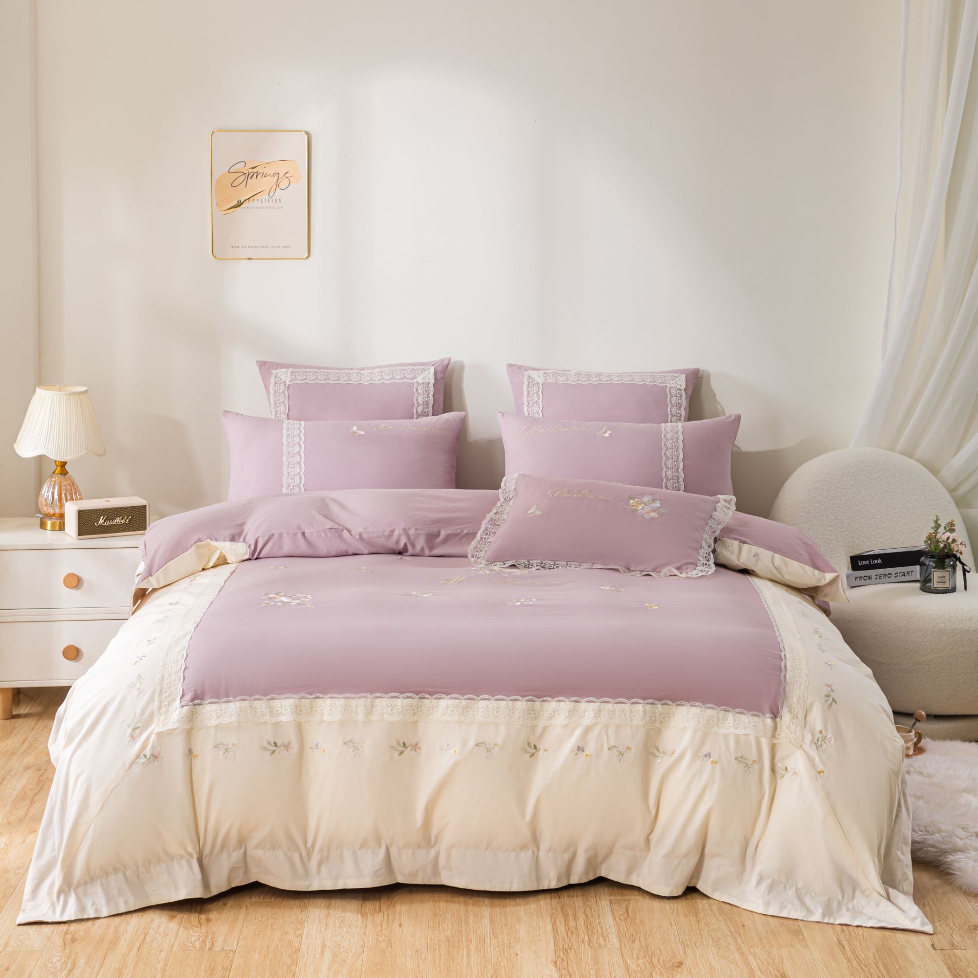 韩版公主风水洗棉床上四件套花边款轻奢被套被罩床单三件套网红