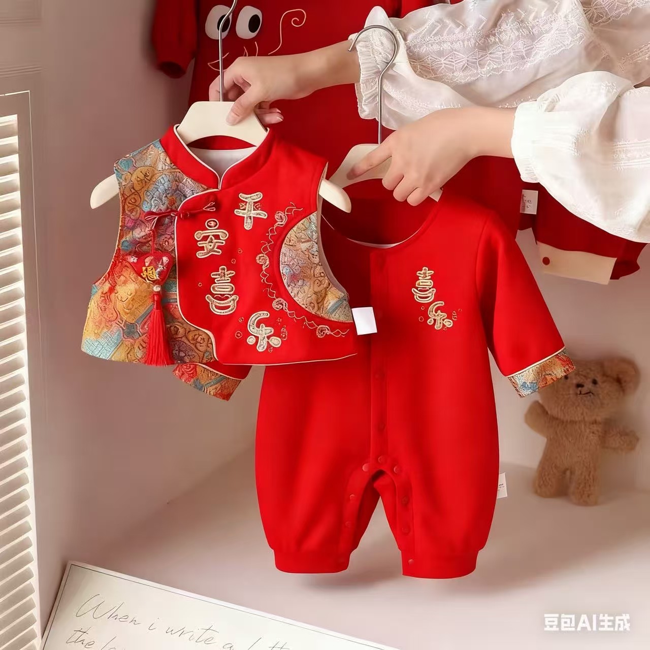 婴儿秋冬季连体衣服宝宝周岁宴红色喜庆国风加绒保暖哈衣过年爬服