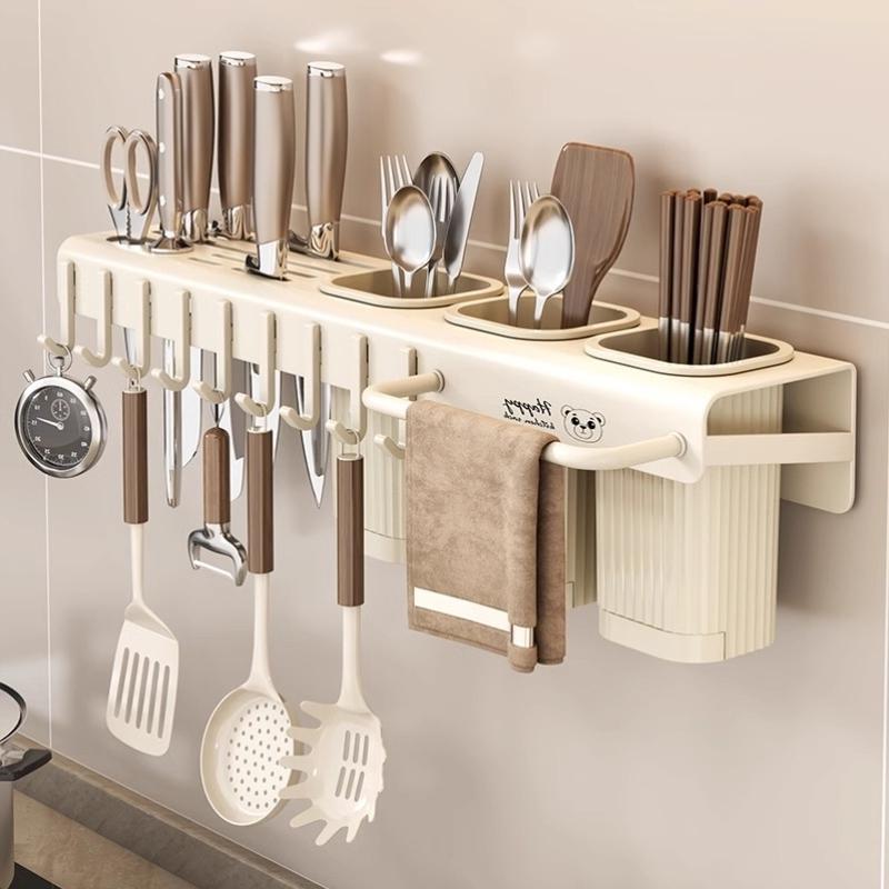 家用厨房免打孔沥水筷笼刀架小熊置物架筷勺刀具壁挂式多功能收纳
