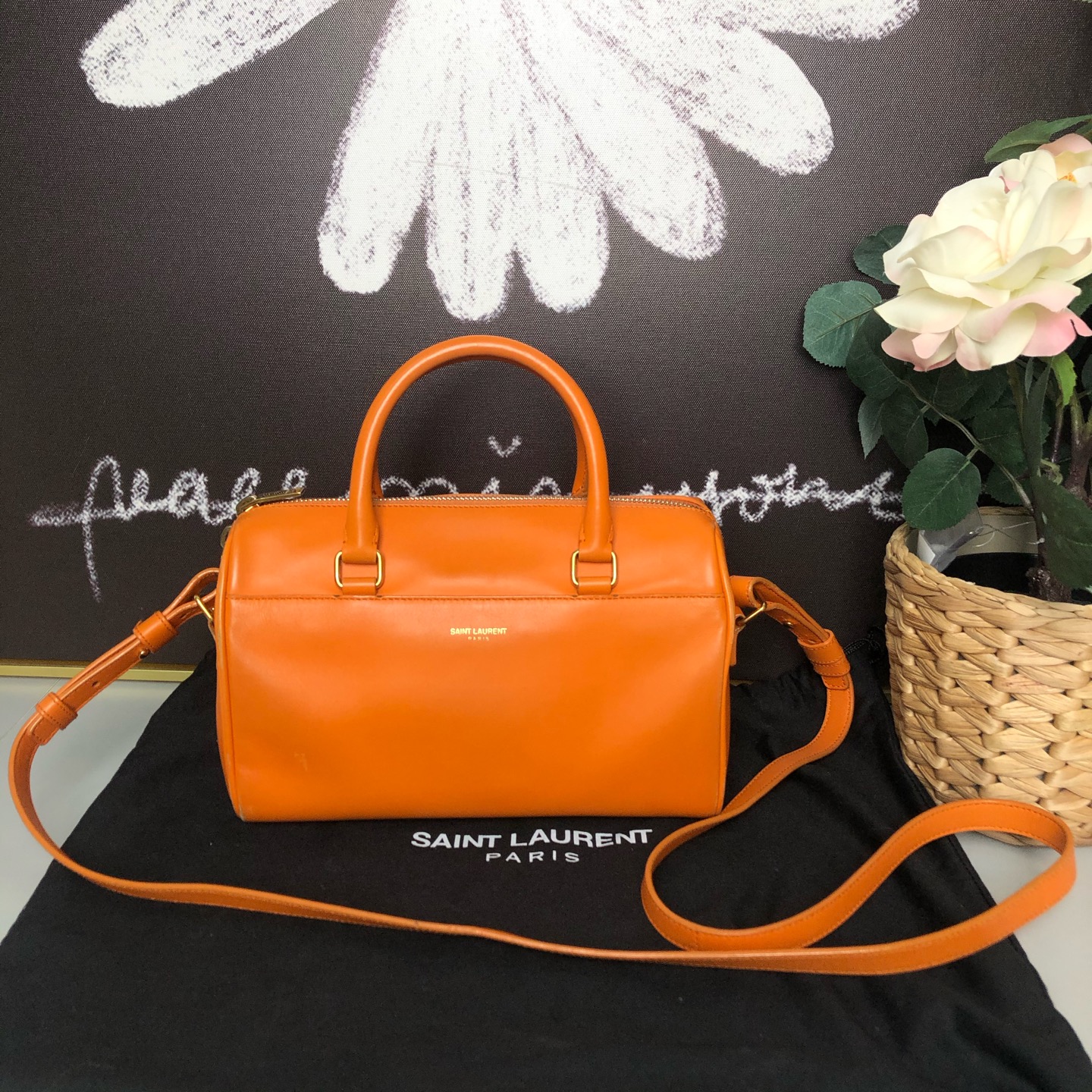99新 YSL/圣罗兰 YSL 圣罗兰 橘色牛皮小号波士顿肩背包