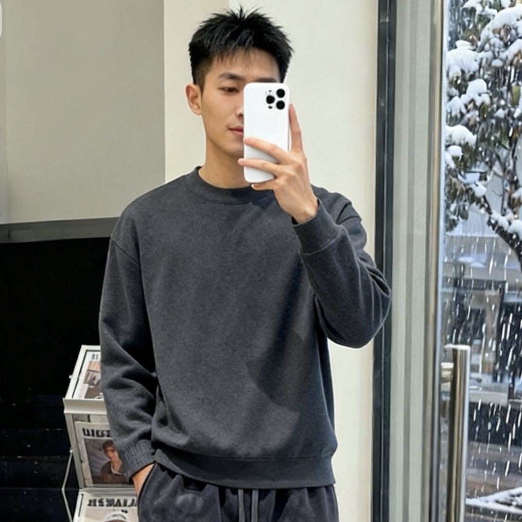 休闲秋冬圆领磨毛加厚纯色长袖软糯保暖打底衫男