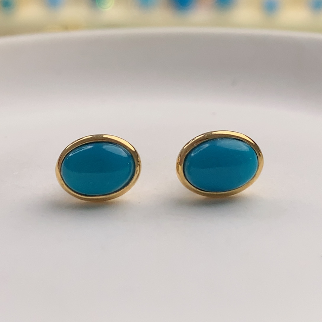18K金镶嵌绿松石玉化复古蓝耳钉