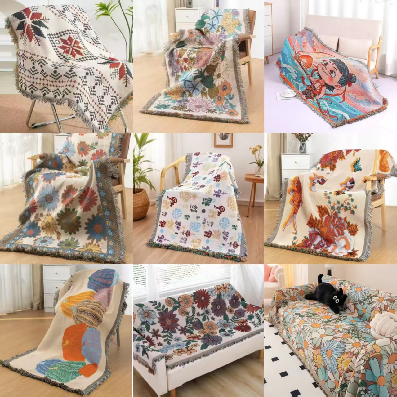 复古纯绵美式防滑加厚双面纱布沙发垫沙发巾（90*180）-随机沙发巾