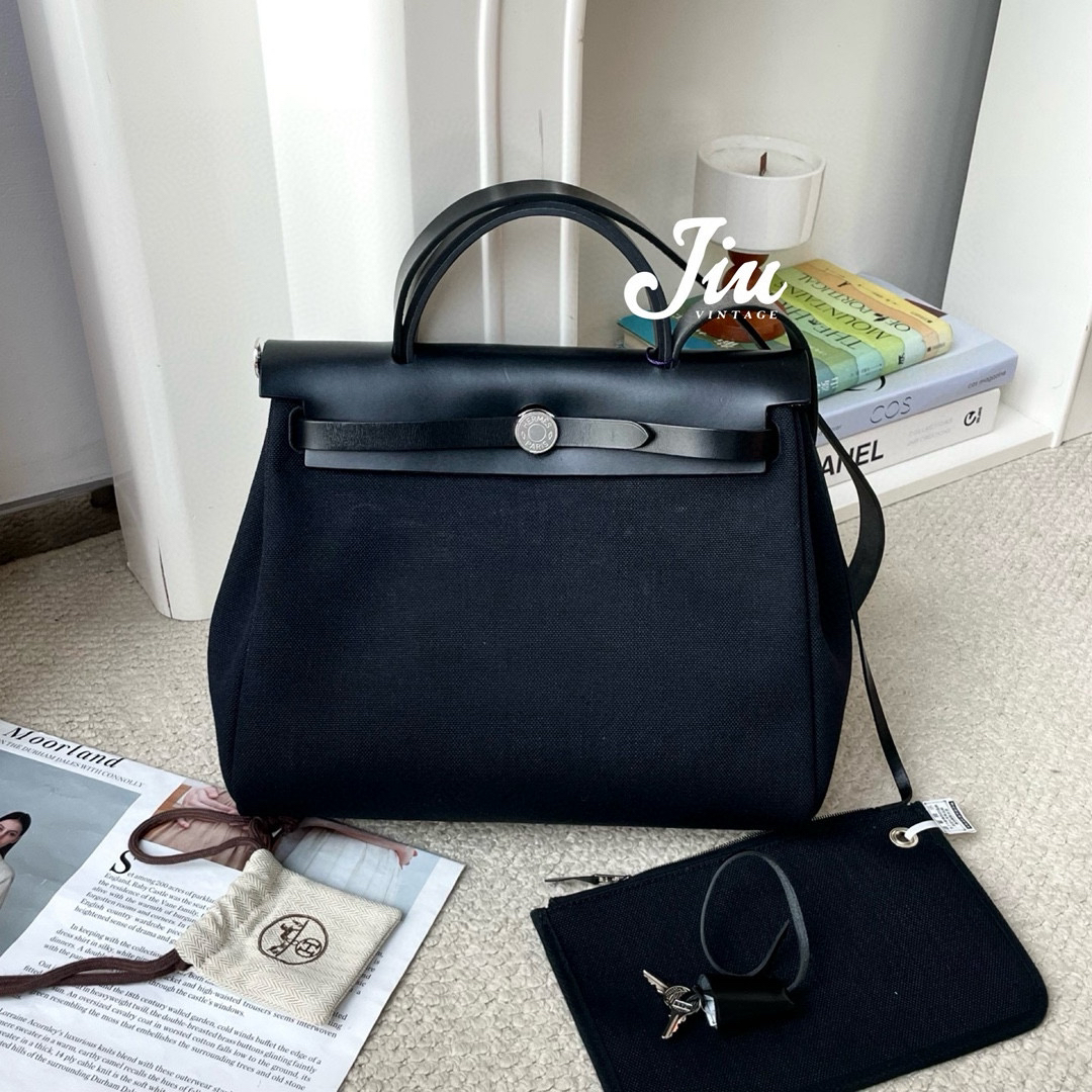 99新 Hermes/爱马仕 Herbag31黑银牛皮拼帆布B刻CG15-0021