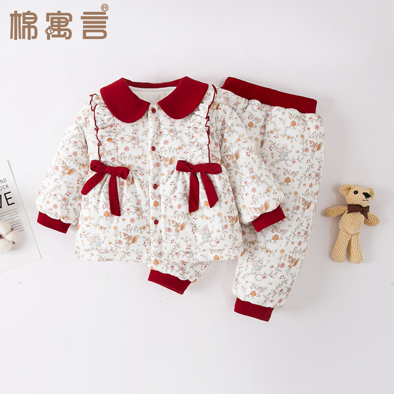 婴儿套装女宝宝可爱娃娃领棉衣棉裤两件套秋冬季儿童棉袄保暖裤子