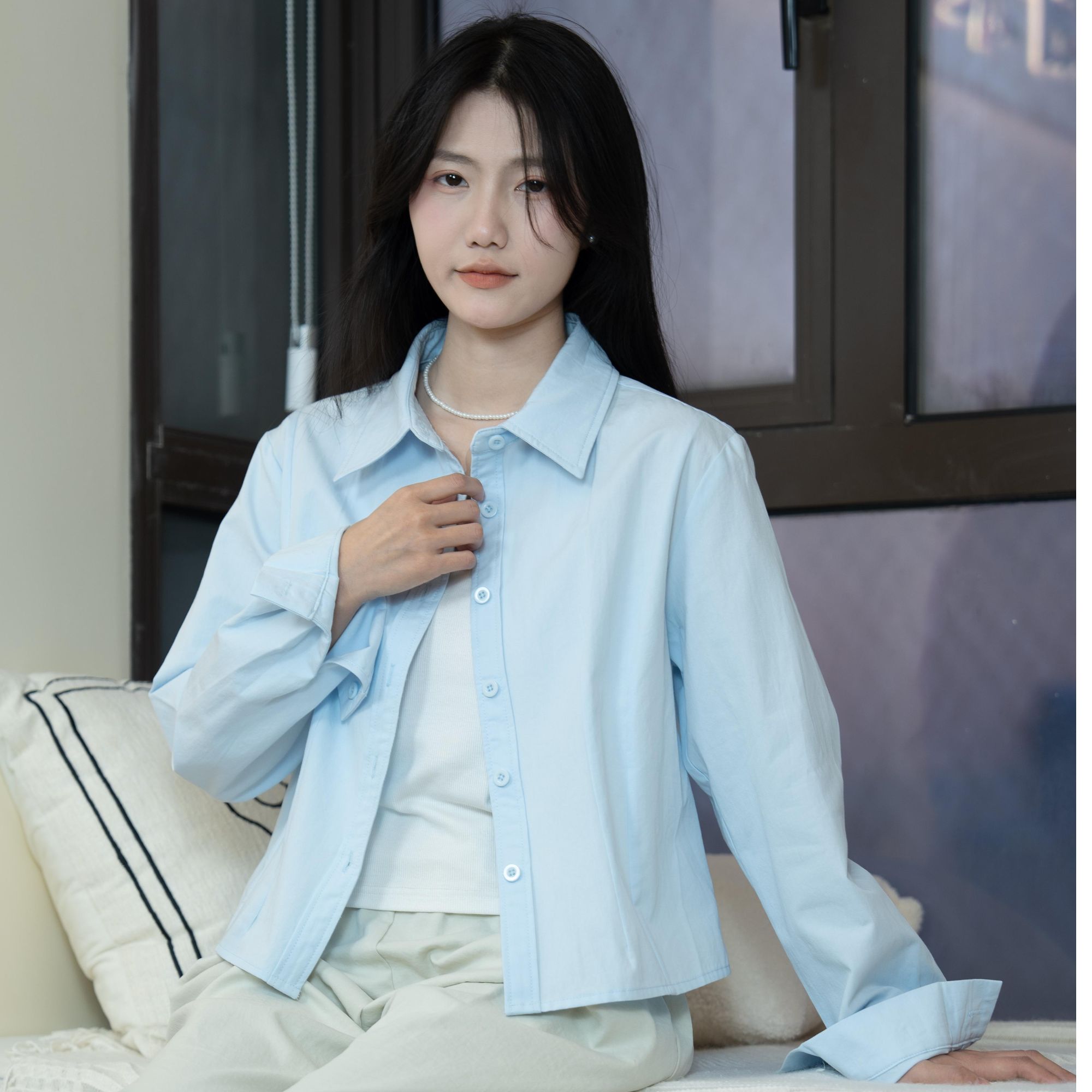 【100%棉】短款长袖衬衫内搭气质时尚百搭衬衣上衣洋气女装宽松