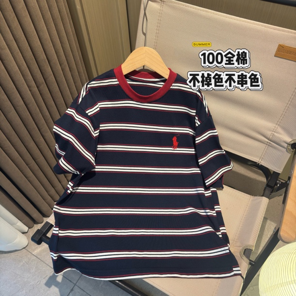 男大童藏蓝色条纹短袖T恤衫纯棉时尚半袖男童圆领休闲套头夏季潮