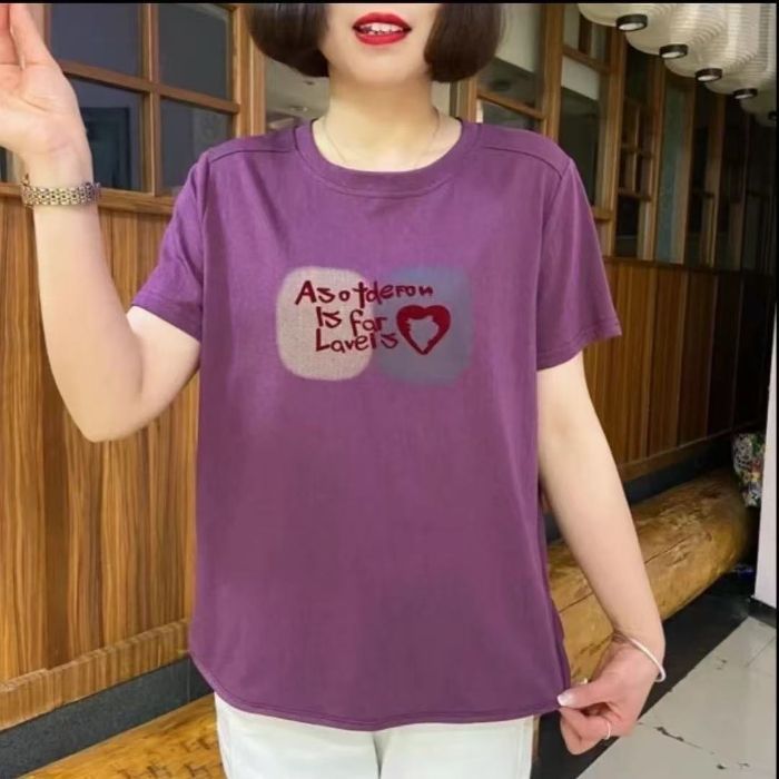 206紫色夏季短袖妈妈装大码显瘦遮肉减龄休闲百搭纯色圆领T恤女