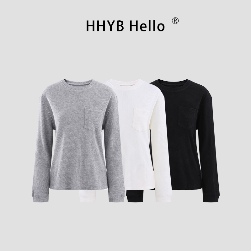HHYB Hello质感华夫格长袖上衣百搭T恤女秋冬显瘦长袖上衣251061