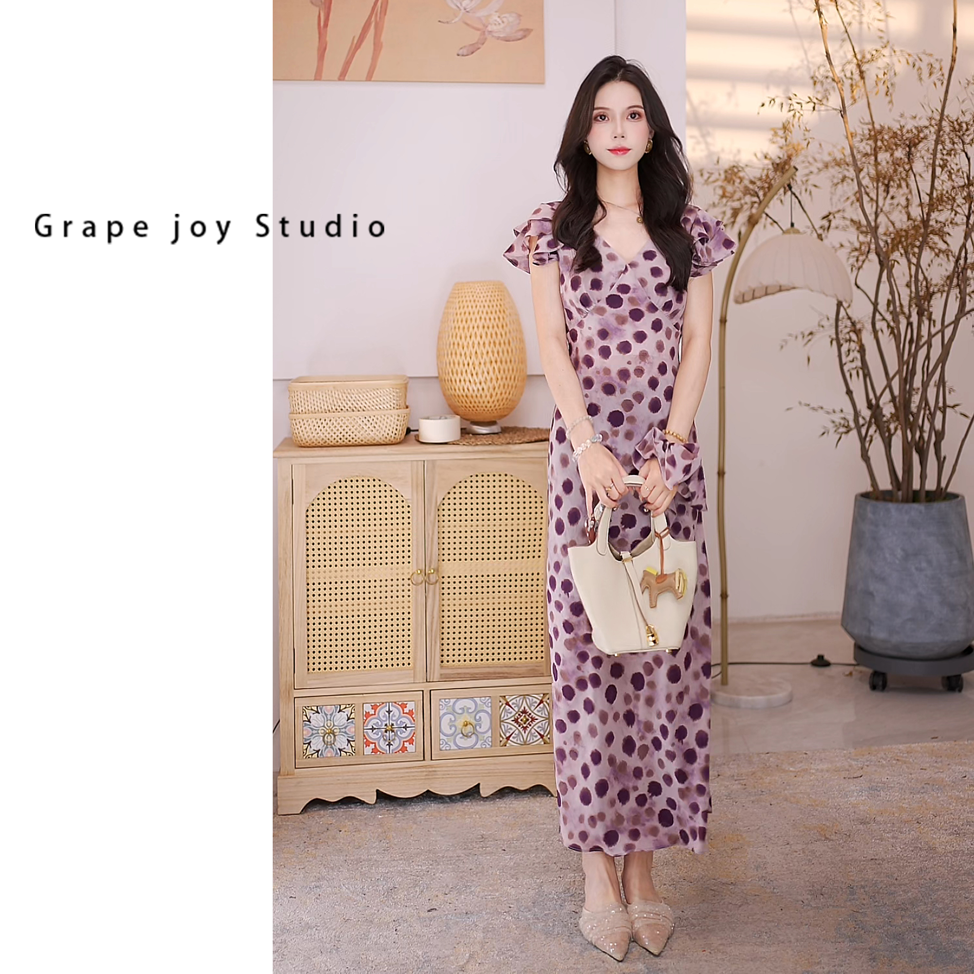 【如果】败家紫波点桑蚕丝高级感印花显瘦连衣裙TX05QZ1032-1