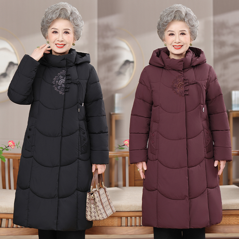老太太长款过膝棉衣奶奶中长款冬装棉服外套老年人加肥加大棉袄女