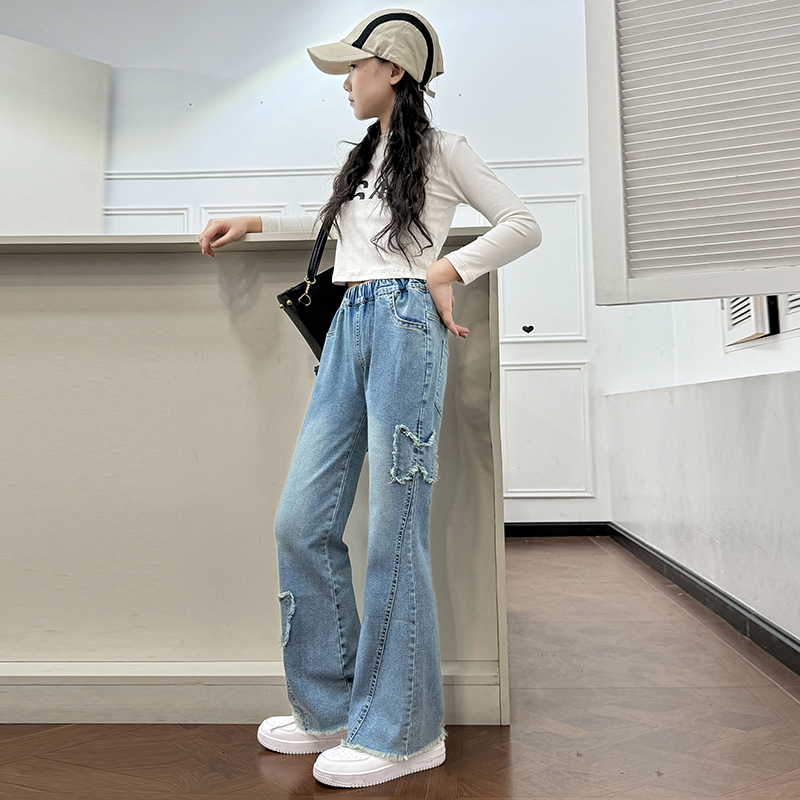 女童牛仔喇叭裤春秋款中大童显瘦高腰阔腿洋气时尚百搭女童牛仔裤