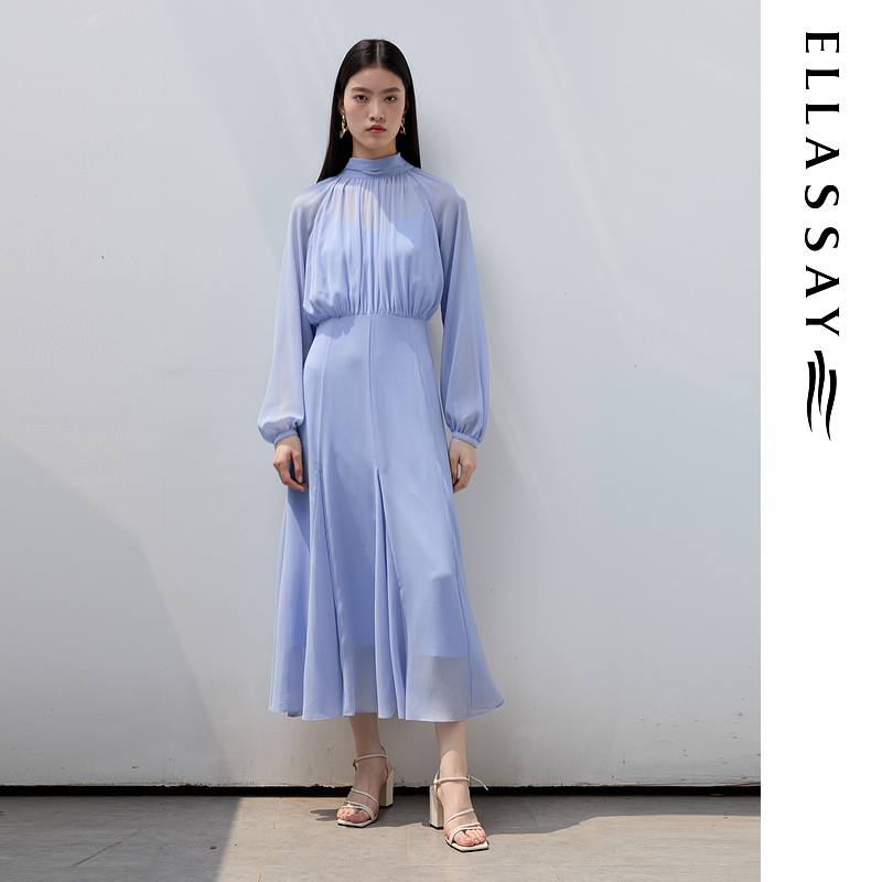 ELLASSAY歌力思2025琥珀流光晨雾蓝调气质连衣裙女EWU363Y00300