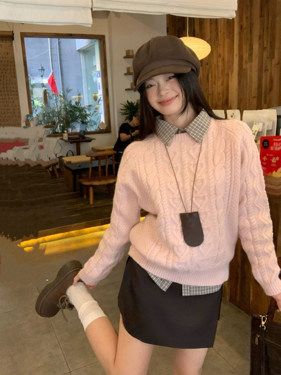 韩系温柔风粉色麻花针织衫毛衣女秋冬2025新款小个子圆领套头上衣
