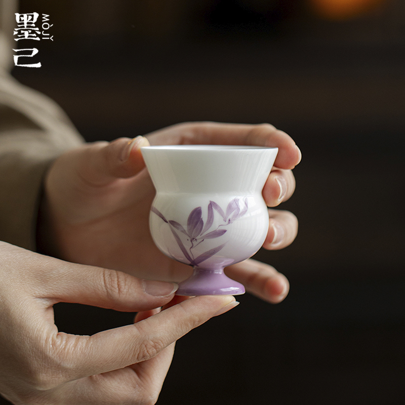 墨己玉泥幻紫兰吟雅韵高足茶杯功夫茶具家用手绘主人杯陶瓷品茗杯