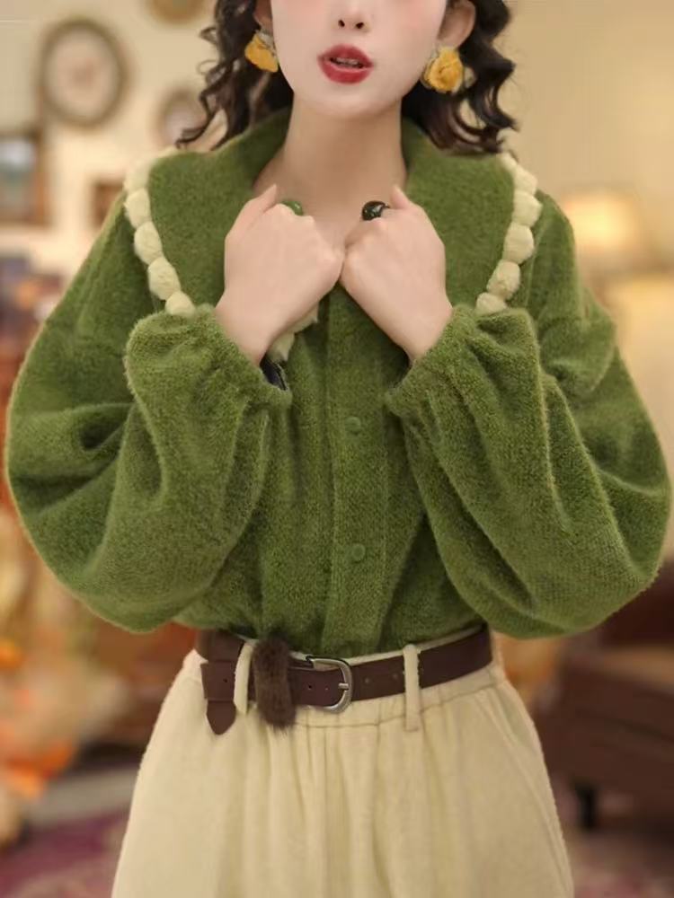 绿色娃娃领毛衣外套女士秋冬慵懒高级感宽松减龄加厚保暖外穿上衣