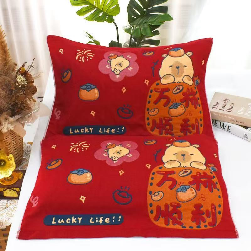 新年祈福红枕巾加厚多层棉纱柔软成人家用