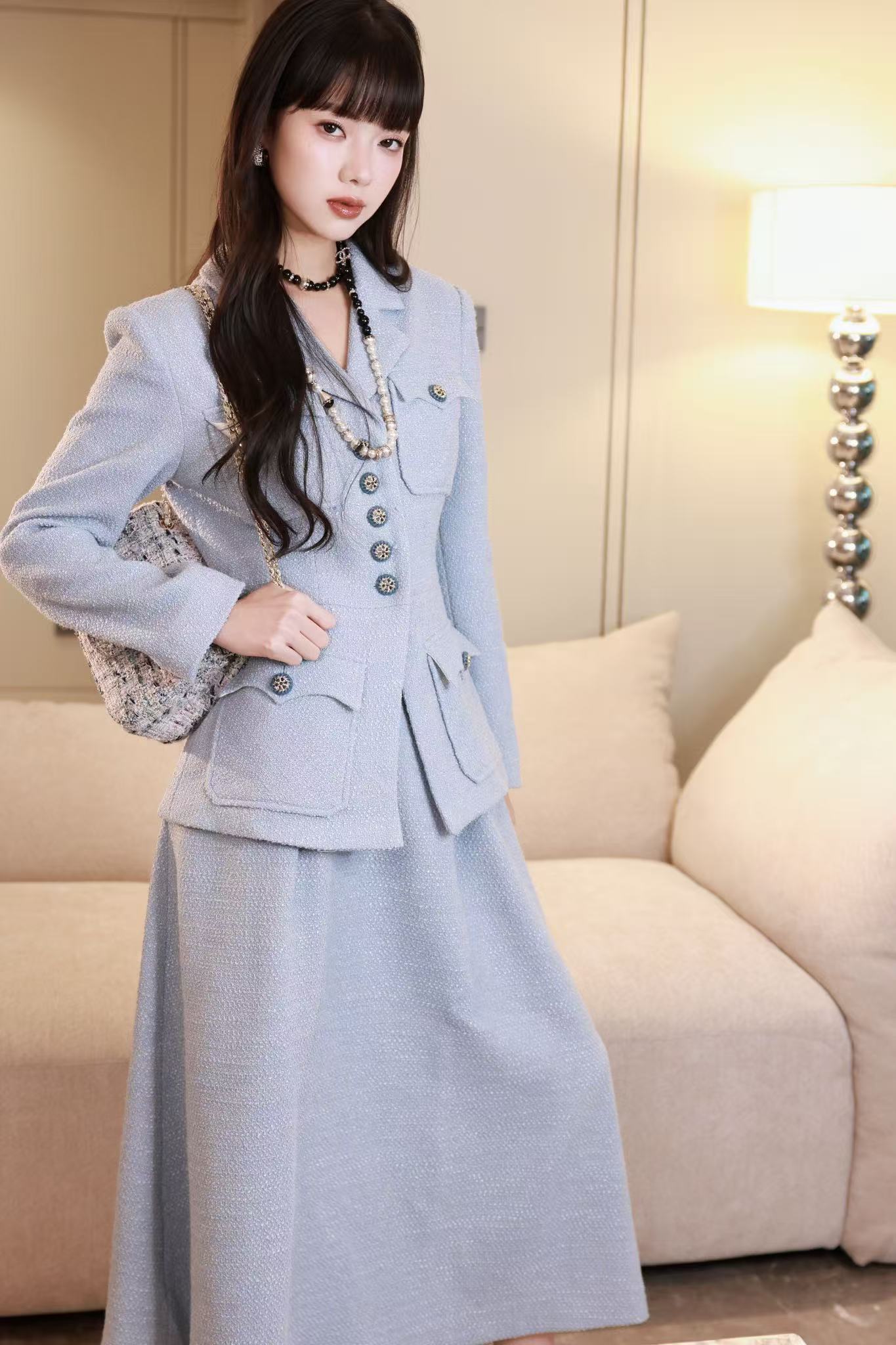 Ptree.”蓝调罗曼史“浅蓝小香风套装轻奢高级名媛风-23F420LQLH