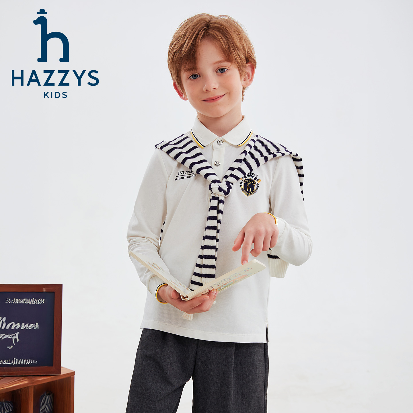 Hazzys/哈吉斯品牌童装男童秋新款polo领长袖翻领秋季休闲polo