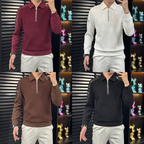 小雨男装｜英皇古琦8128高奢新品厚款针织拼羊皮袖翻领拉链毛衫K