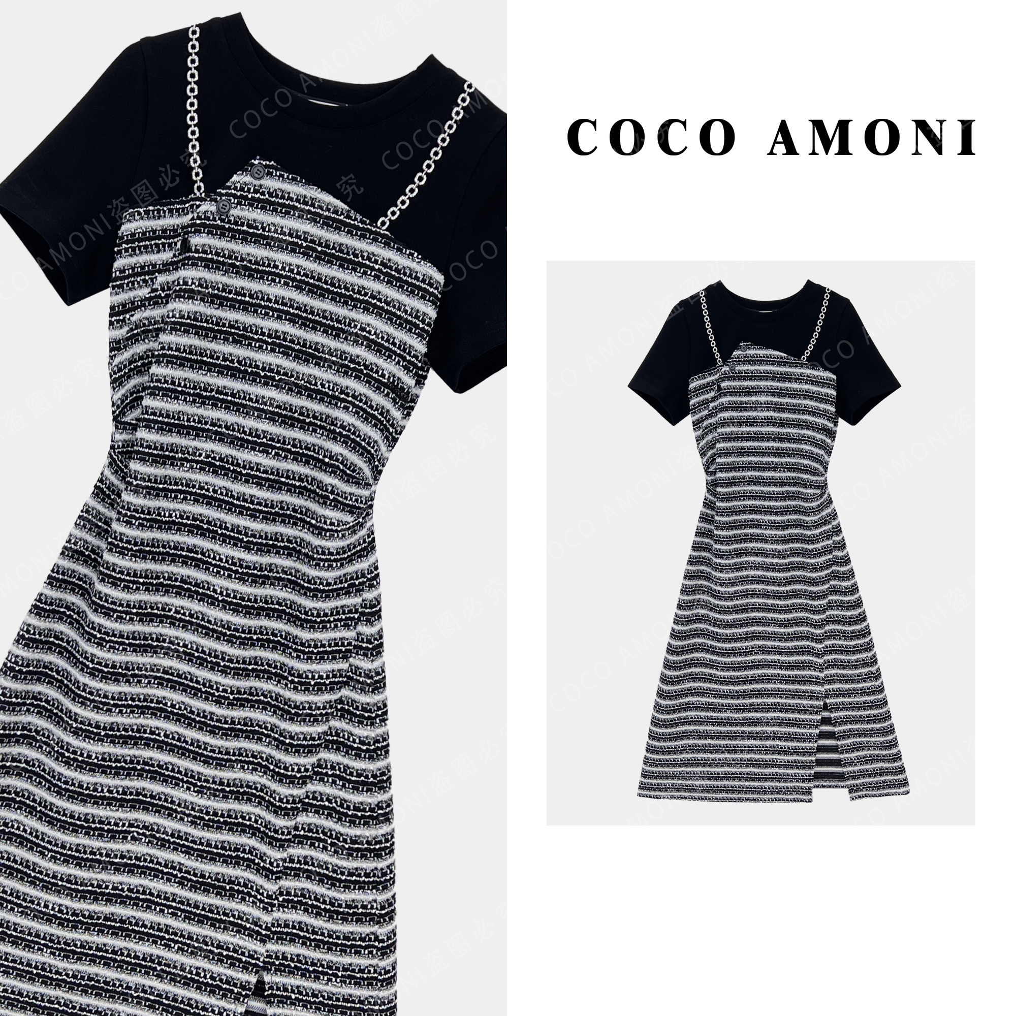 时尚设计高定时尚女装拼接褶皱收腰显瘦气质连衣裙ZC594