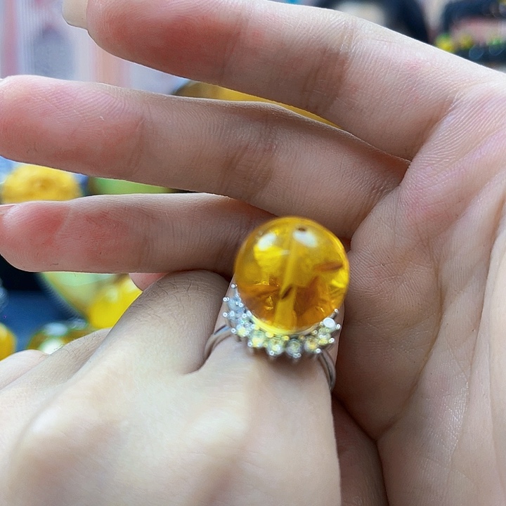 蜜蜡银S925镶嵌裸石戒指