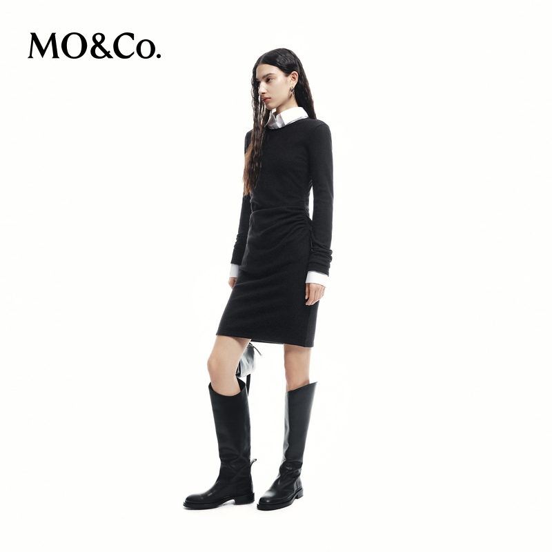 【陈嘉尔专属】MOCO秋绵羊毛正肩收腰连衣裙小黑裙MBD3DRST11
