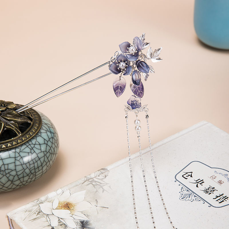 汉服发饰长流苏步摇发钗墨蓝色发簪盘发