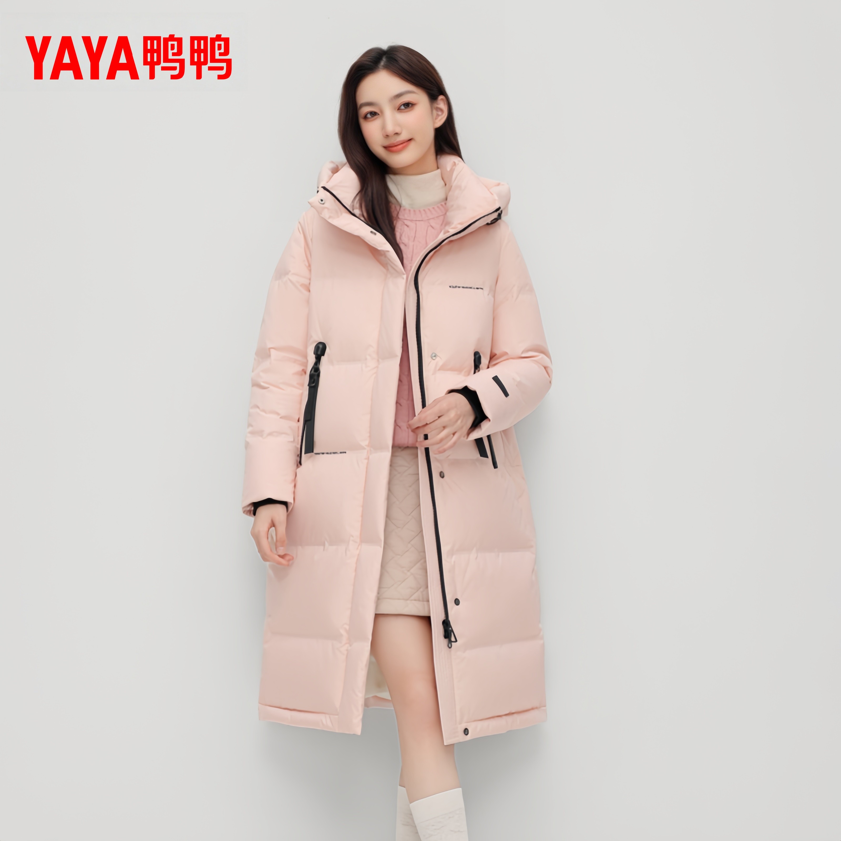 YAYA鸭鸭时尚休闲长款羽绒服女2025冬季新款过膝设计感鸭鸭羽绒服