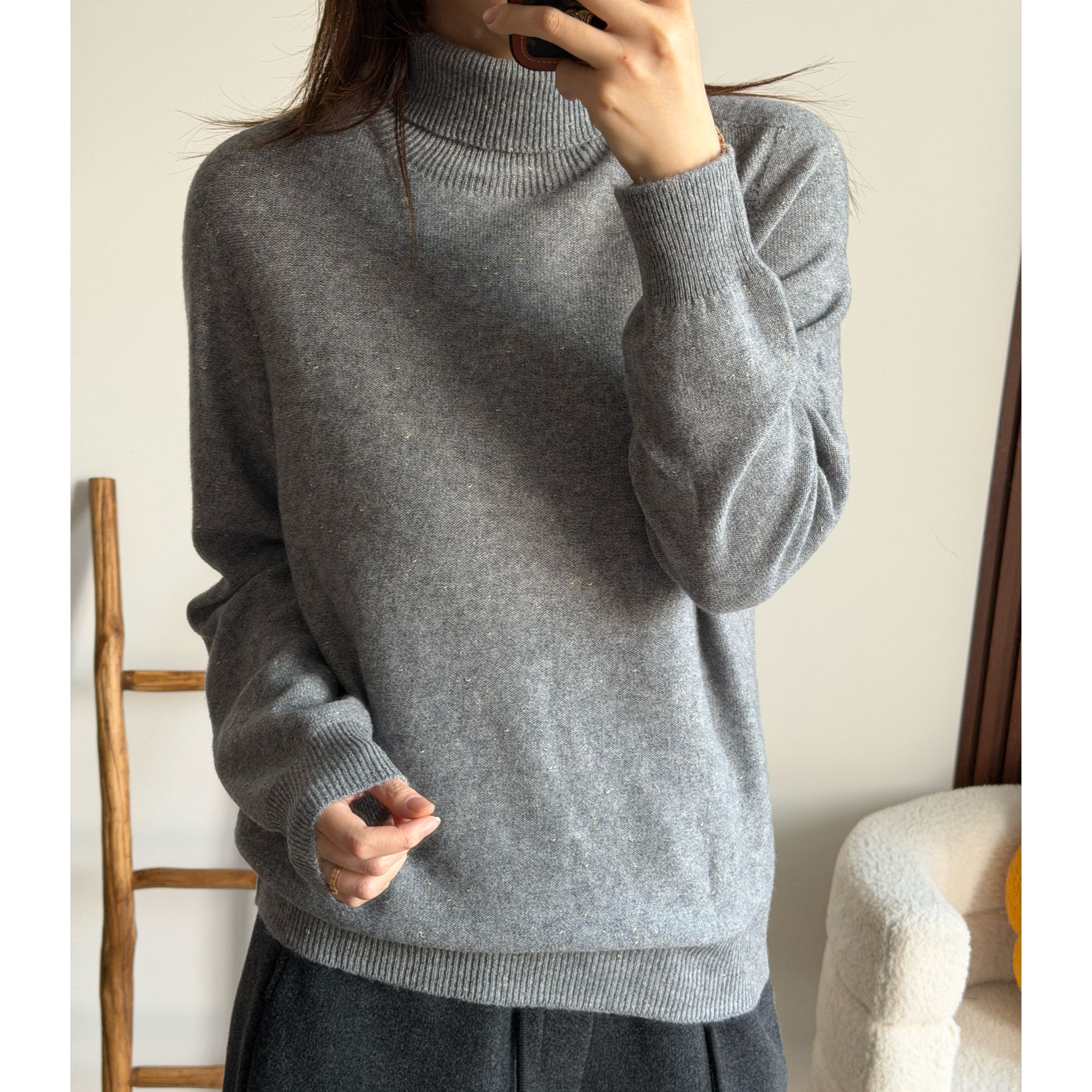 NANA【金豆纱】秋冬100%绵羊毛一线成衣亮丝翻领针织衫毛衣Q0489