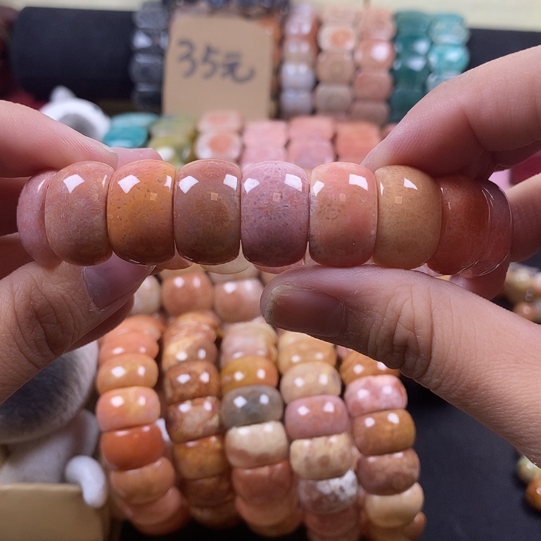 硅化珊瑚（珊瑚玉）未镶嵌手牌粉彩花 6