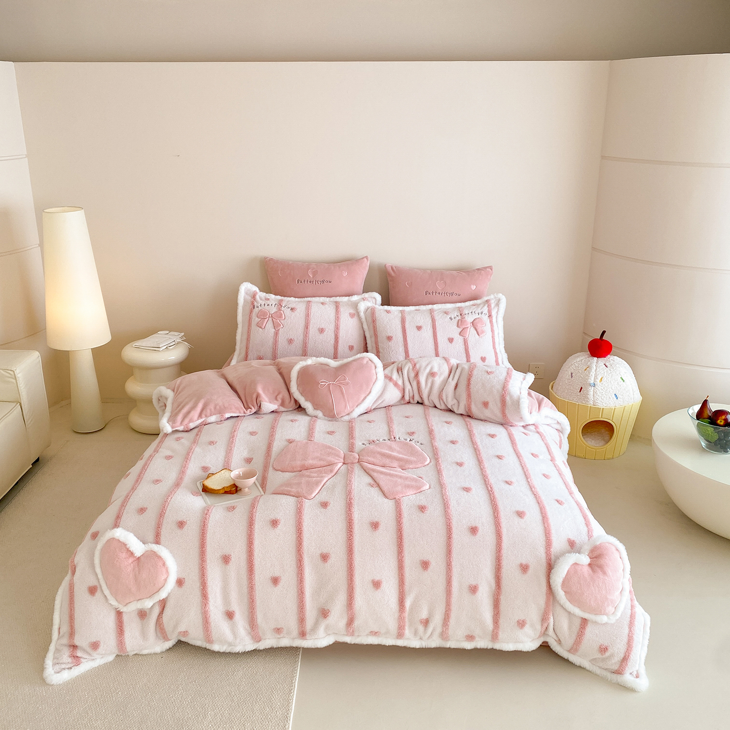 少女心冬季加厚保暖牛奶绒四件套爱心蝴蝶结珊瑚绒被套公主风床品