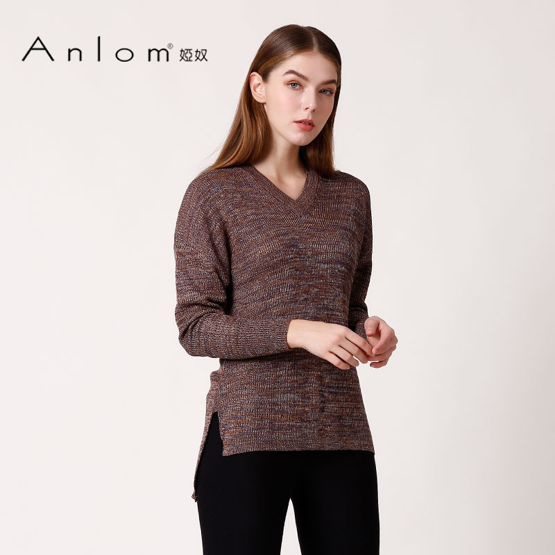 Anlom/娅奴桑蚕丝针织衫女上衣套头衫时尚简约修身V领长袖女装