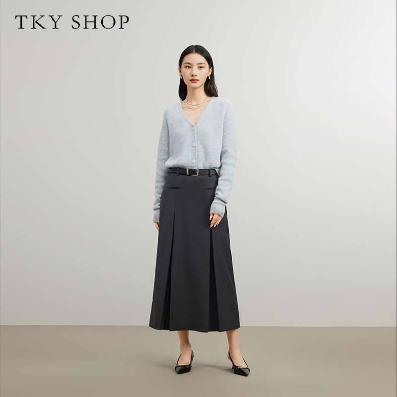 TKYSHOP浅蓝色V领开衫柔软舒适羊毛衫亲肤简约百搭10G1HA05O008