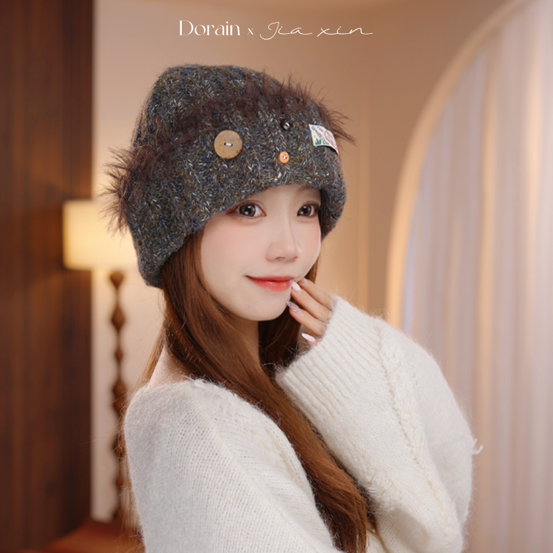 Dorain朵澜韩版时尚纽扣毛线帽女秋冬大头围保暖针织帽显脸小冷帽