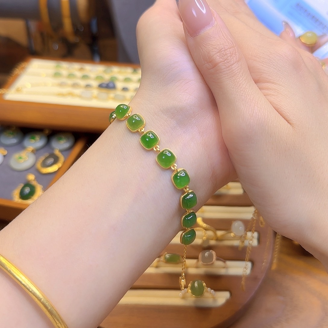 和田玉手链银S925镀金镶嵌