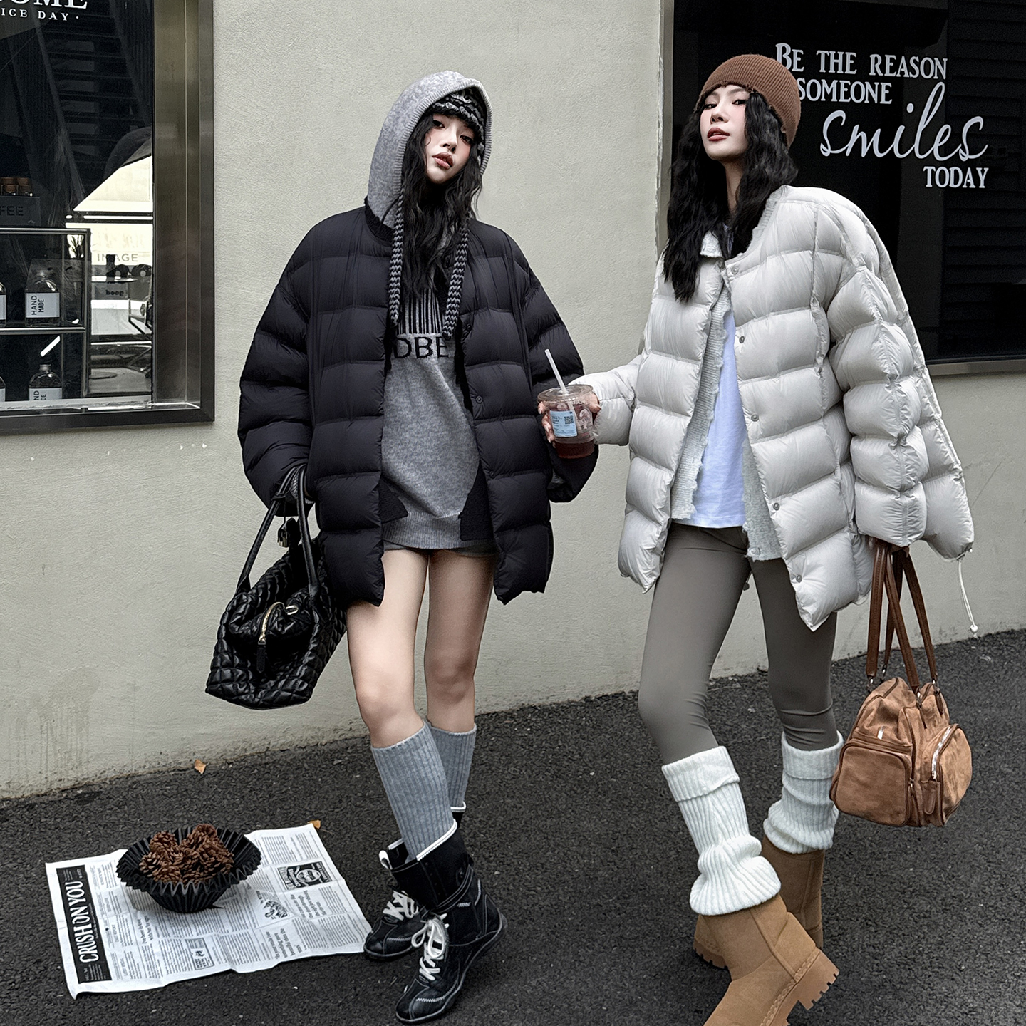 MY.MAI圆领羽绒服女中长款针织拼接泡芙韩版宽松方块外套