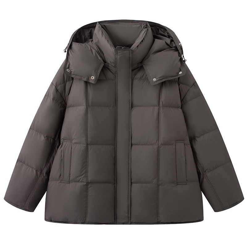 MM商场同款2025冬季新款茧型羽绒服女中长款连帽灰色羽绒外套0111