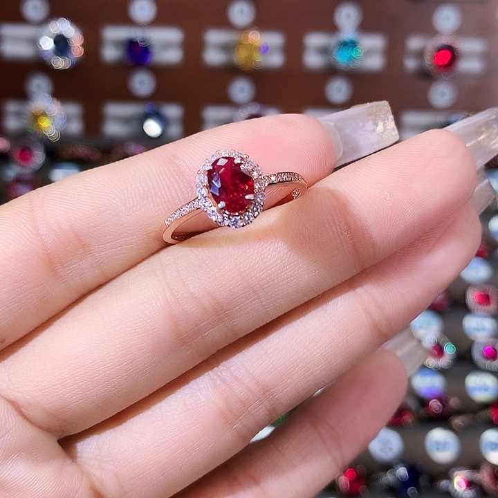 戒指银S925镶嵌红宝石酒红玫瑰金57