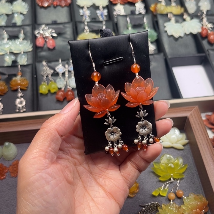 蛇纹石玉耳饰银S925镶嵌用****0