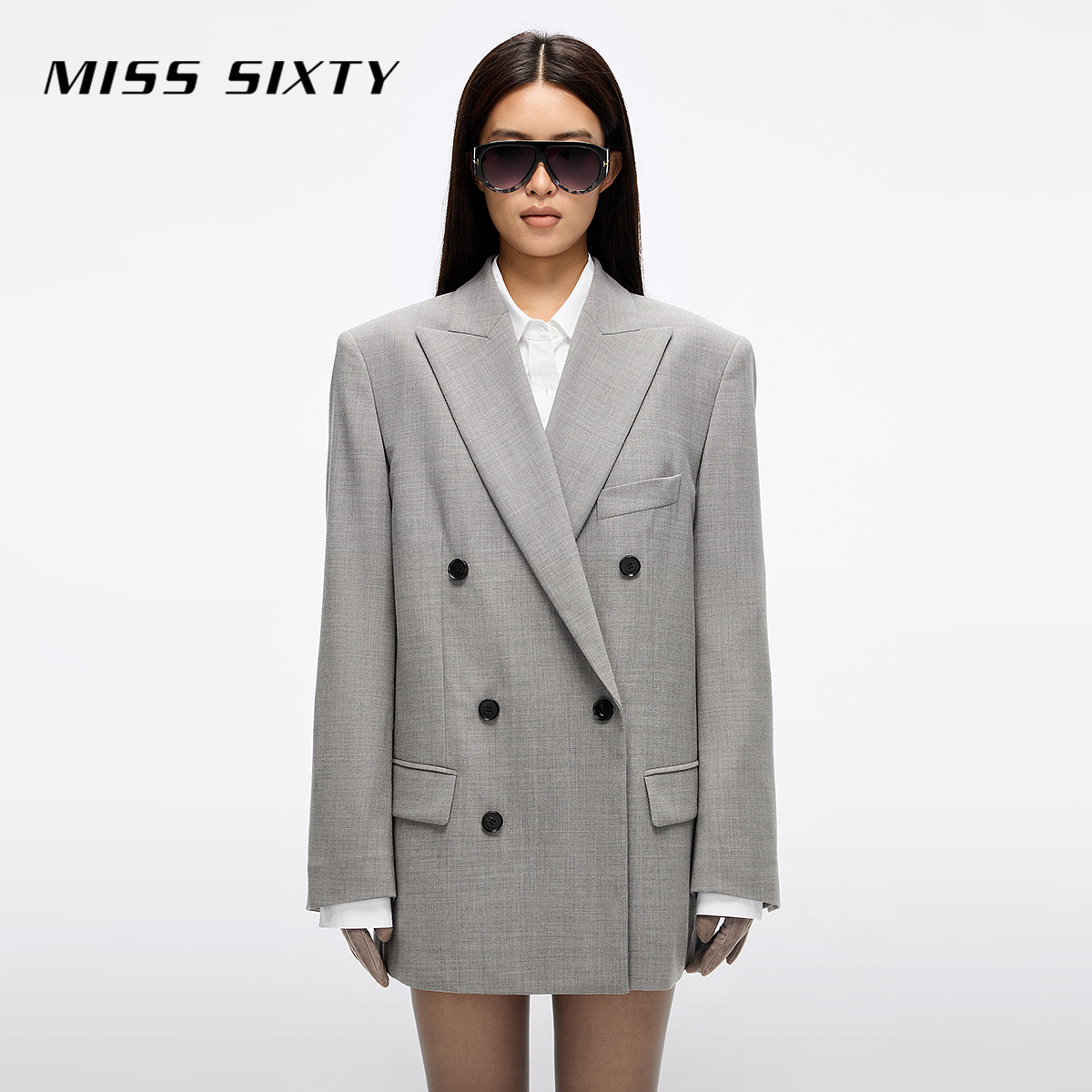 Miss Sixty2025秋季新款西装外套女双排扣垫肩通勤静奢风高智感