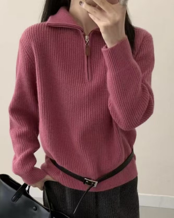 【半拉链坑条-玫粉】2025秋冬新款法式洋气高级感拉链纯色翻领长袖