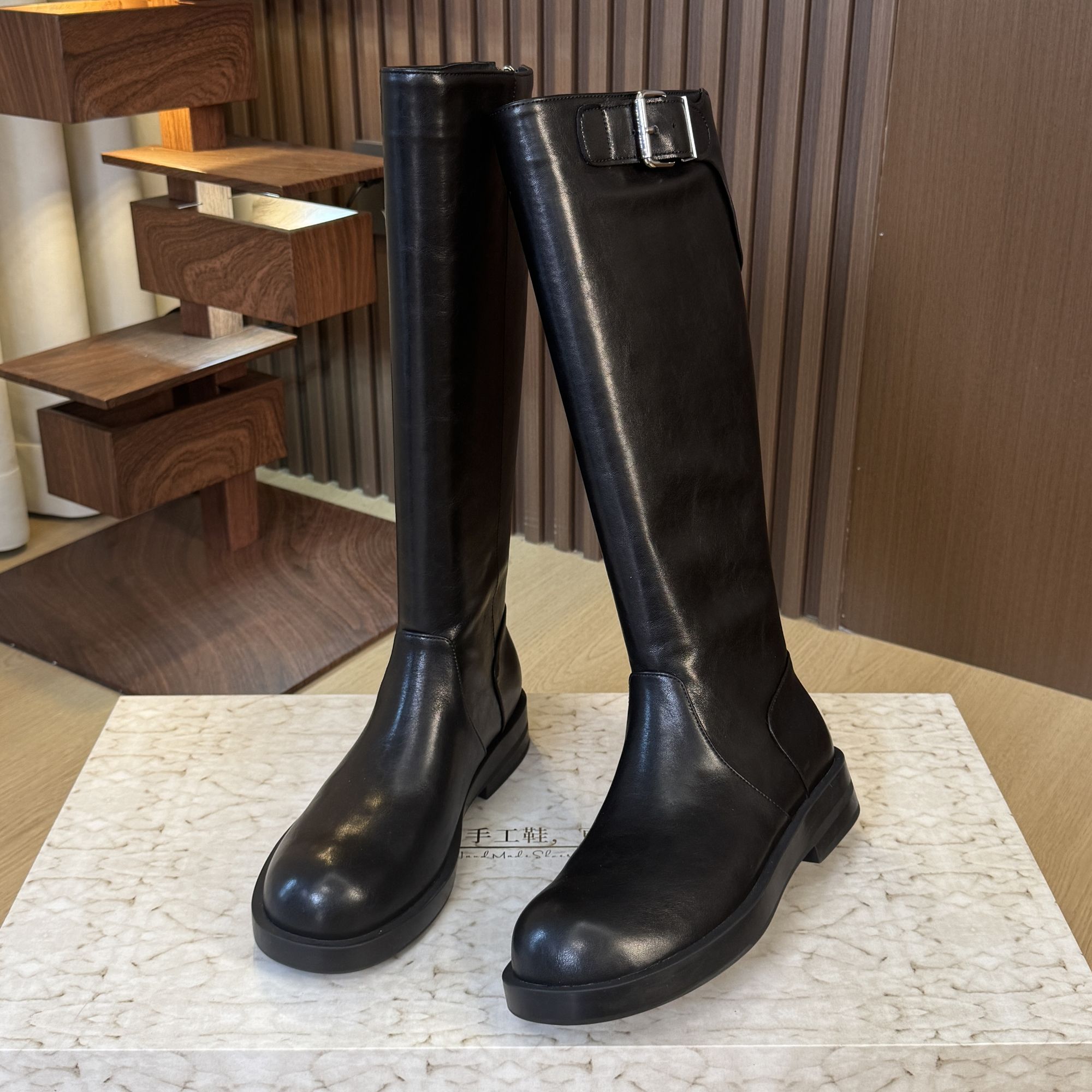 SHIBONI·【3cm】34-41头层牛皮/猪皮/猪皮新款显瘦扣件后拉链长靴女