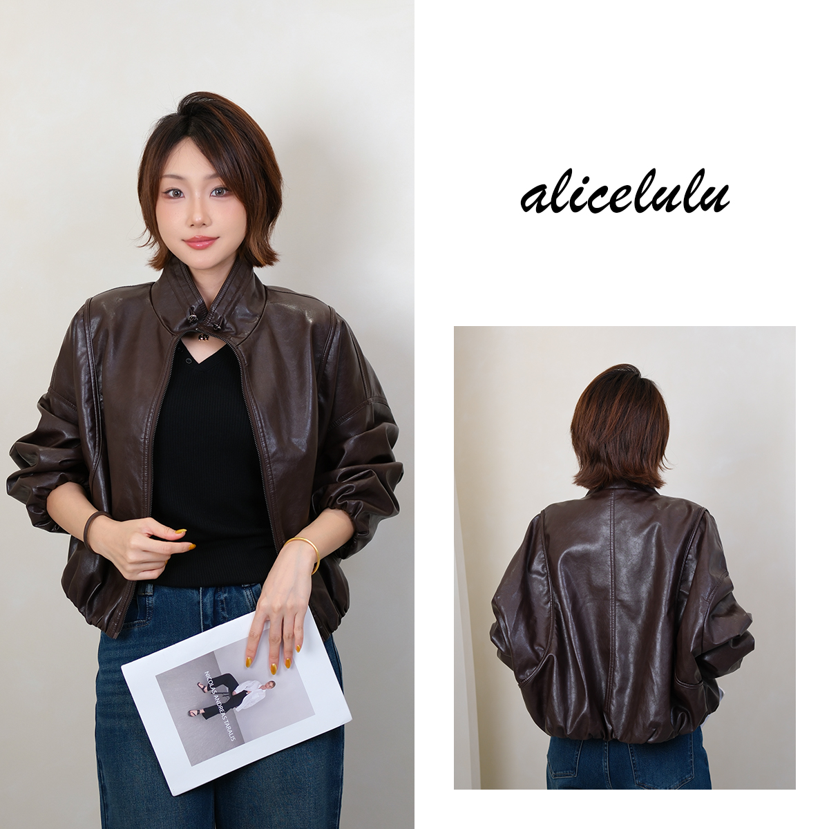 [alicelulu]时尚潮款抽褶光泽立领休闲皮衣外套S2144082Ur