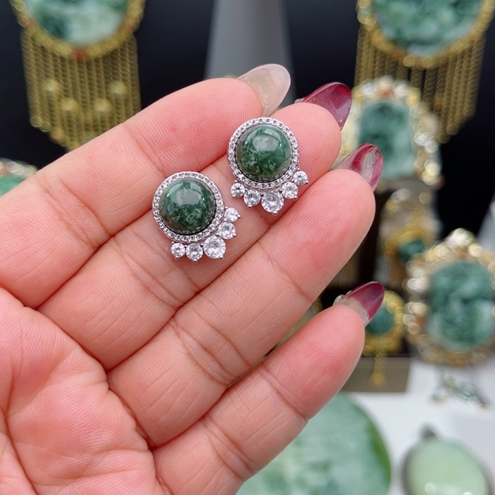 透闪石-蛇纹石玉耳坠银S925镶嵌