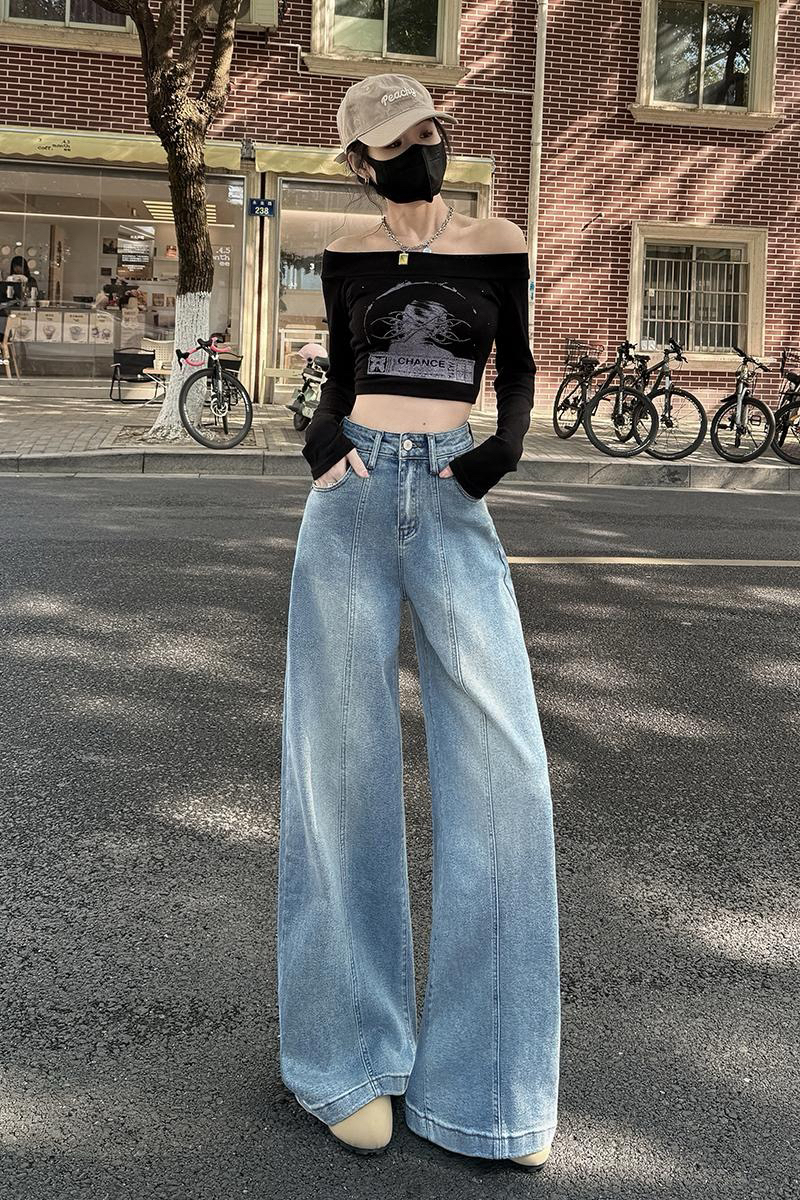 2025欧货高腰阔腿牛仔裤女春季水洗宽松显瘦大裤脚直筒弹力拖地裤