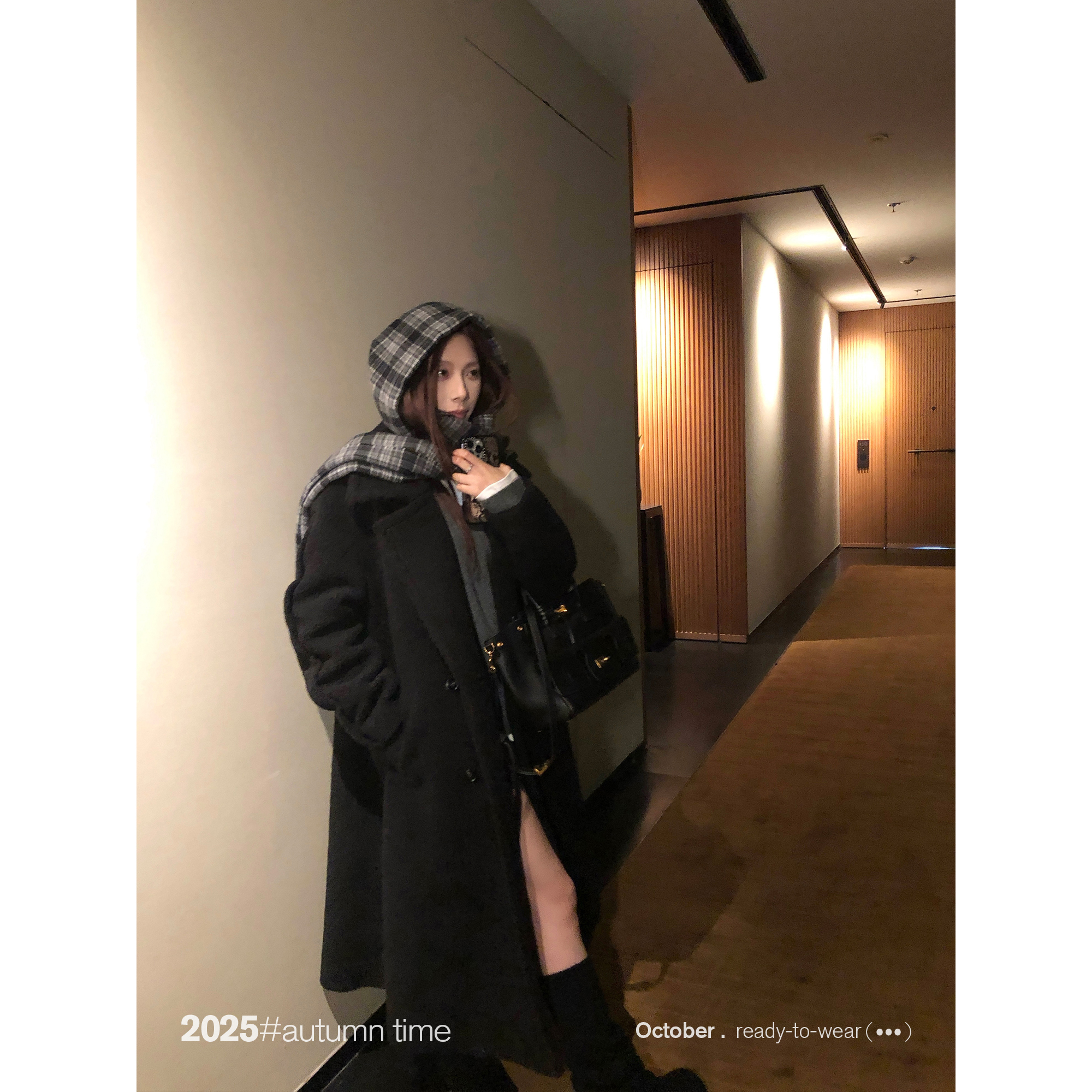 SUNONEONE 羊毛长款宽松黑色呢子大衣女秋冬季宽松毛呢外套H1427W