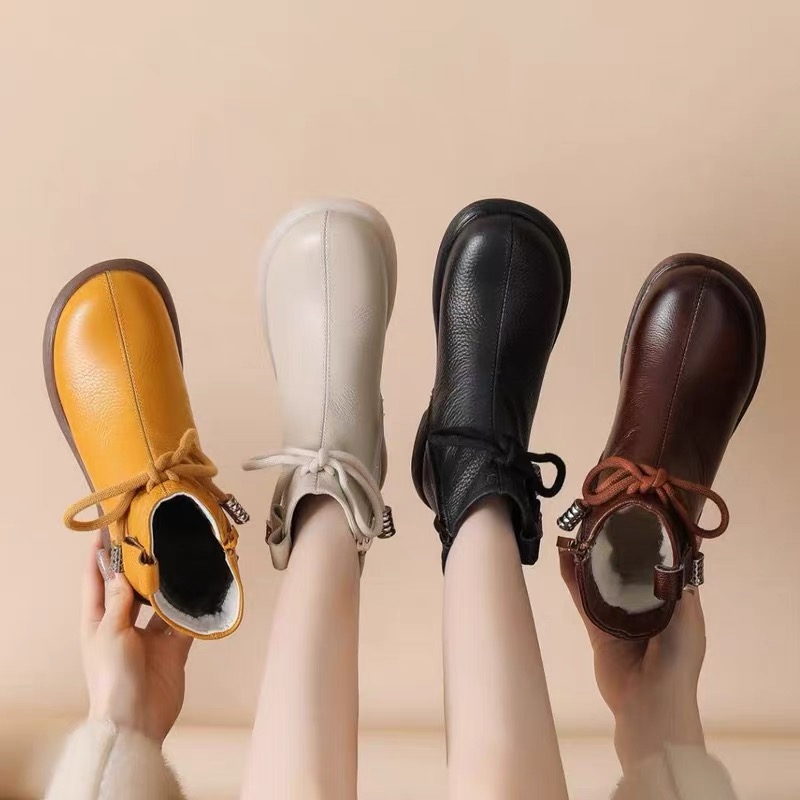 冬季头层牛皮羊皮毛一体短靴女鞋平底保暖防滑