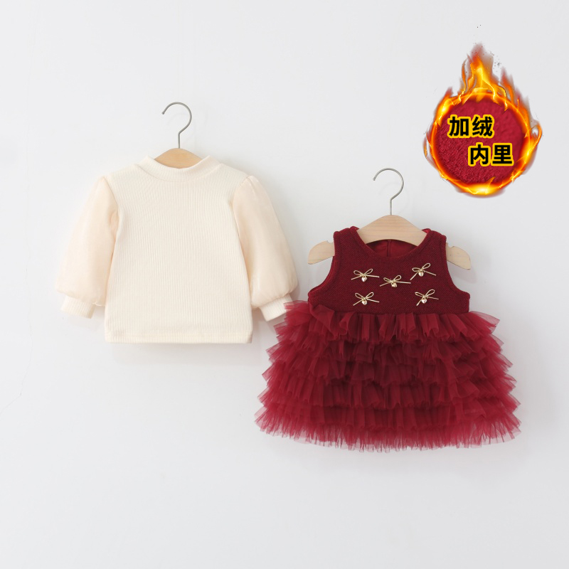 童装女童裙套装冬季加绒婴儿童女宝宝网纱蛋糕公主裙子两件套洋气