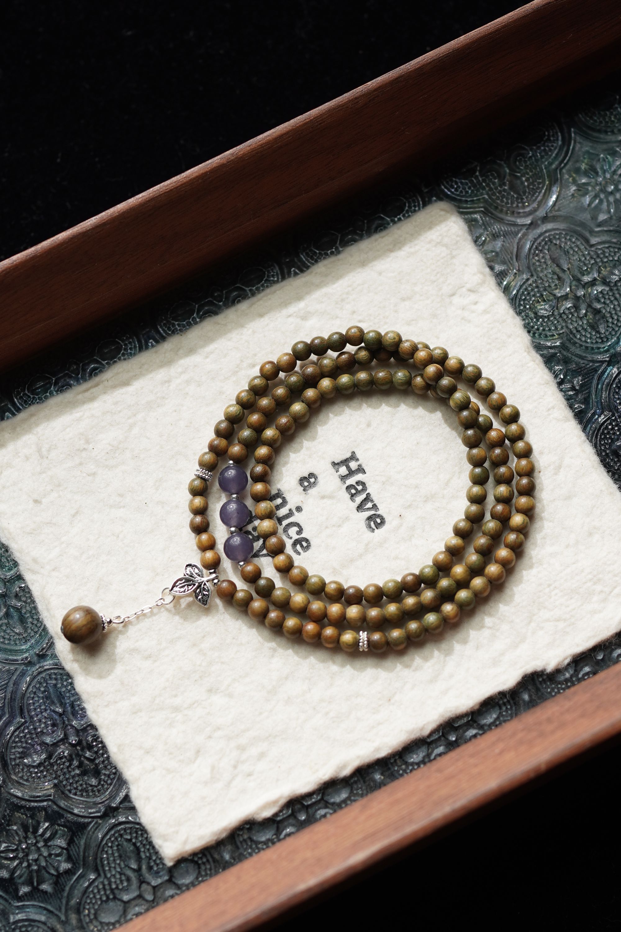 金枝玉叶 天然绿檀4mm圆珠三圈手串